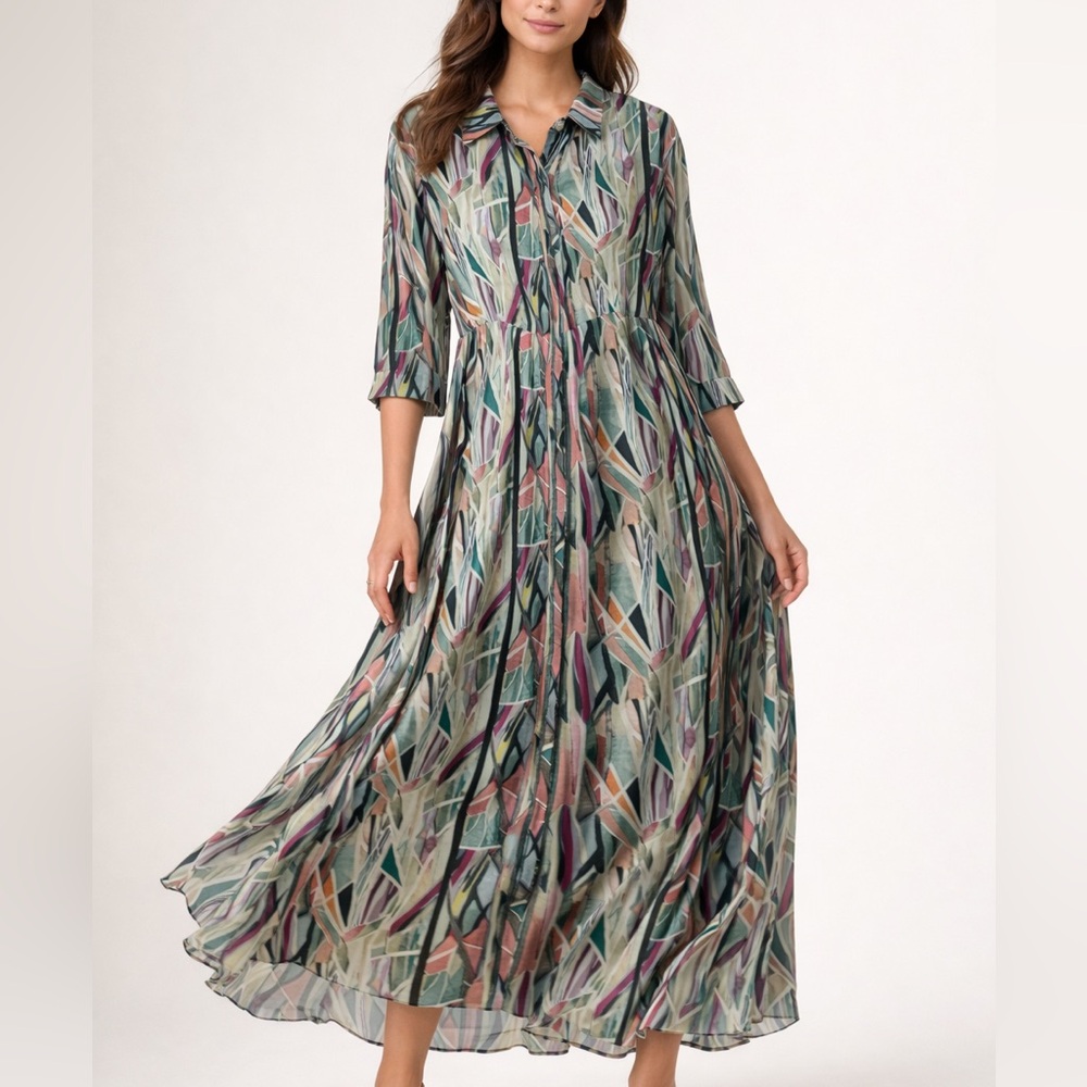 Anthropologie Bl-nk London Maxi Dress NWT 1X Button Up Boho Art Print Viscose